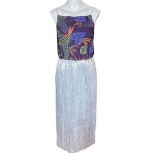 Koovs Dress Floral & Silver Lame Micro Pleated